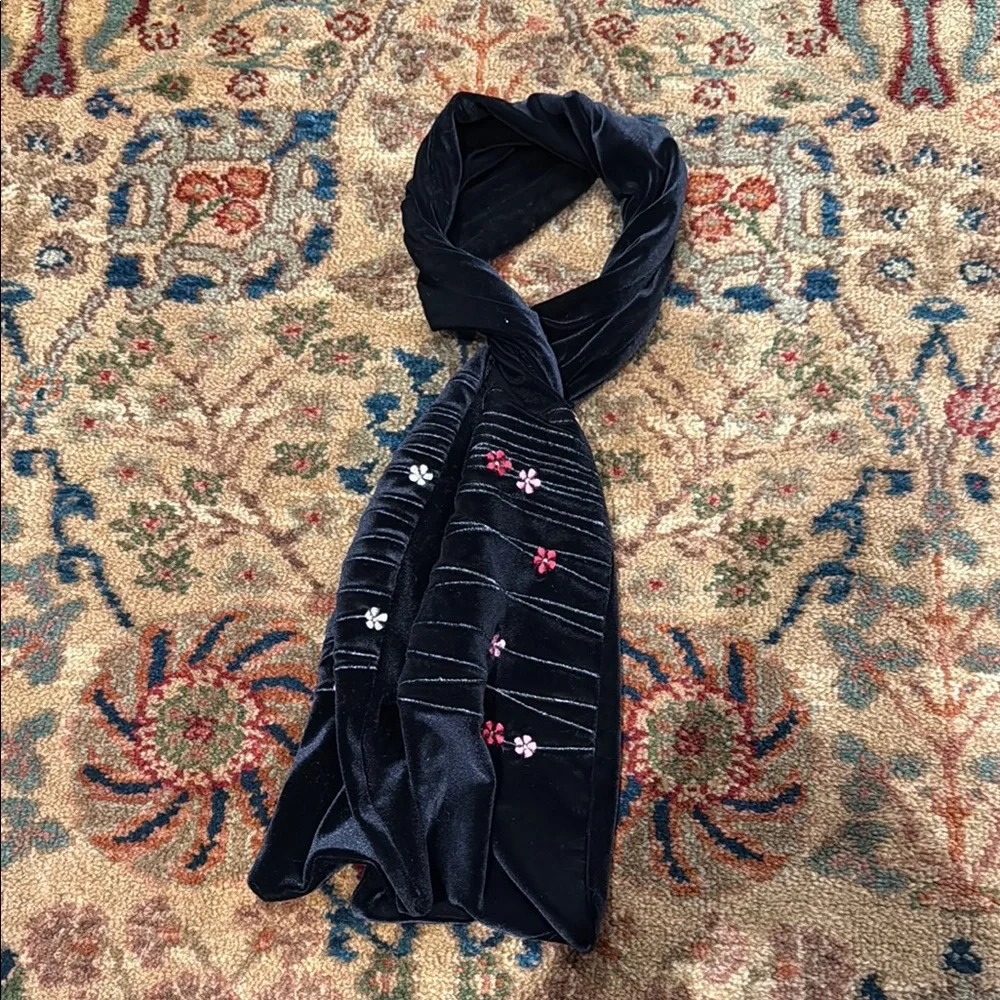 Black Velvet Scarf with Elegant Embroidery